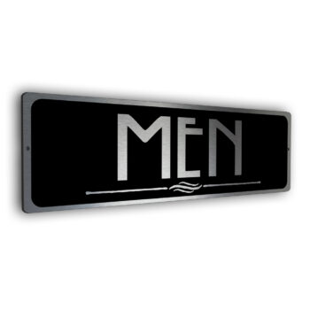 silver and black restroom sign