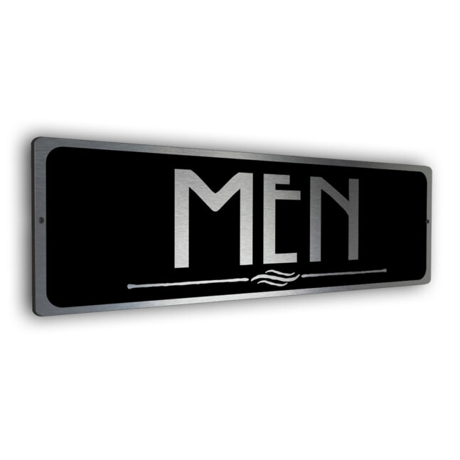 men restroom sign silver and black restroom sign