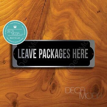 Leave Packages Here Sign, Silver Finish, 9 x 3 inches