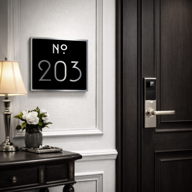 Modern Black and Copper Hotel Room Number Sign - Custom Architec Modern Black and Copper Hotel Room Number Sign - Custom Architec