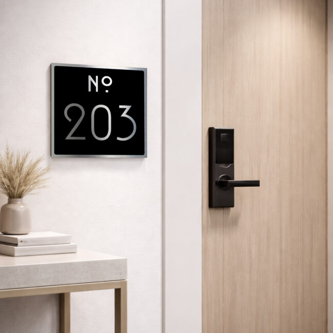 Modern Black and Copper Hotel Room Number Sign - Custom Architec Modern Black and Copper Hotel Room Number Sign - Custom Architec