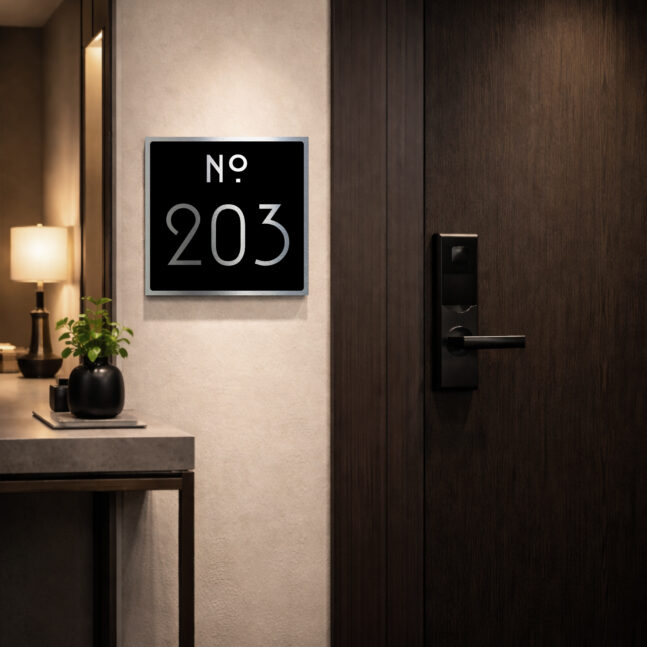 Modern Black and Silver Rotel Room Number Sign - Custom Architec Modern Black and Silver Hotel Room Number Signs