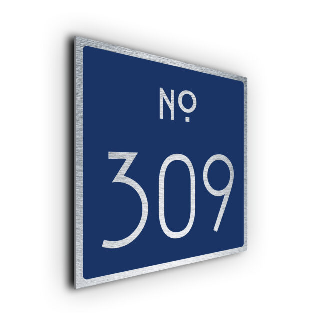 Navy and Brushed Metal Door Number Sign