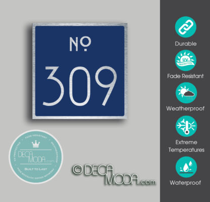 Navy and Brushed Metal Door Number Sign