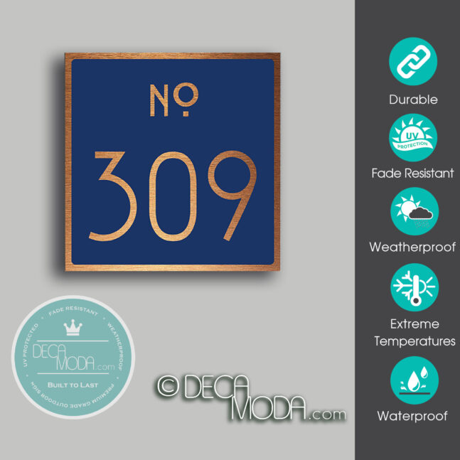 Navy Blue and Copper Number Sign Navy and Brushed Copper Door Number Sign