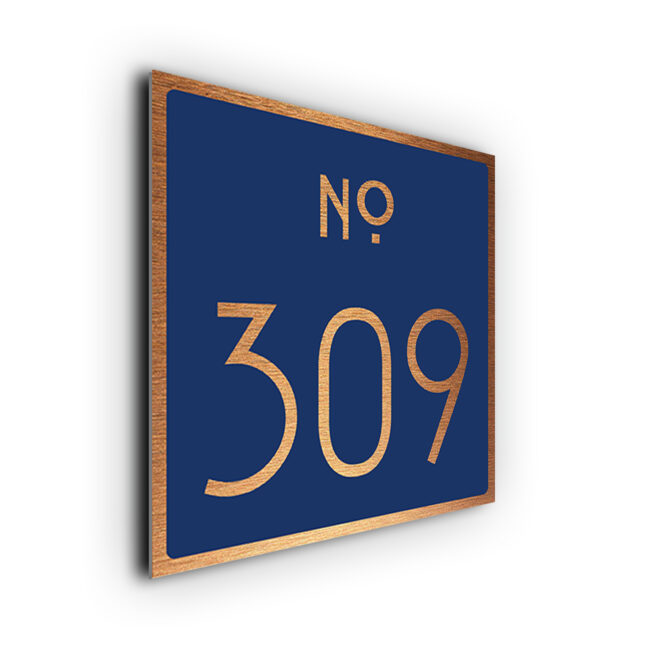 Navy and Brushed Copper Door Number Sign