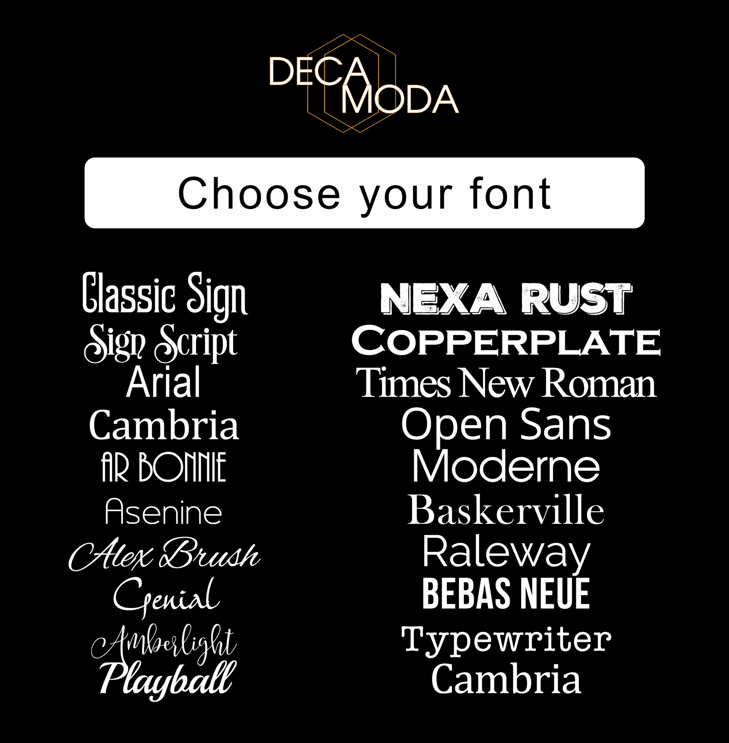 Decamoda.com Choose Your Sign Font